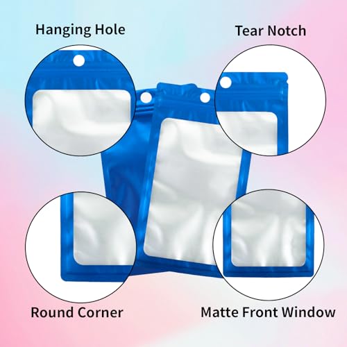200 Pack Resealable Mylar Holographic Bags Food Storage Smell Proof Bags with Front Window Foil Packaging Pouch for Candy Sample Jewelry Small Business 3.15×5.51 Inch (3.1×5.5 inch / Blue)