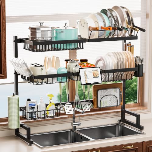 Over Sink Dish Drying Rack (Black / 32" - 40"L x 12"W x 34" - 38"H)