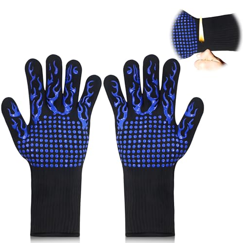1 Pair Grill Oven Mitts (Blue-flame Pattern)