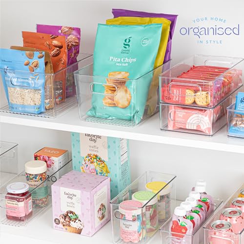 Plastic Food Storage 6 Pack Clear Container Bin with Handles for Organizing Kitchen (10x4x5)