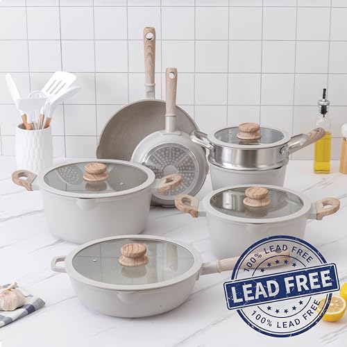 Non Stick Cast Aluminum Cookware Set (Cream Round Handle / 11 Pc.)