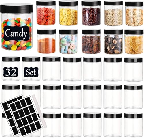 Plastic Jars with Lids Empty Slime Cosmetics Containers Clear Gift Food Jars Round PET Cream Jar with Black Lids Pen Labels for Kitchen Storage Spices Dry Food Body Butter Making (8OZ,32PCS)