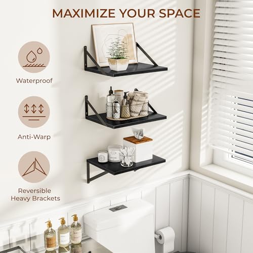 16W x 12D Deep Floating Shelves Set of 3 Black (Black With Black Metal Bracket / 16Wx12Dx5.8H)