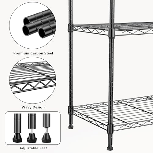 1000 lbs 4Tier Shelf Metal Storage Shelves Wire Rack Closet Organizers for Garage Kitchen Bathroom Laundry Black 13.7" D x 29.5" W x 47.2" H (4 tiers, 13.7"D x 29.5"W x 47.2"H / Black)