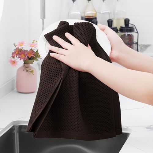 100% Cotton Waffle Weave Kitchen Dish Towels 8 (Dark Brown / 13 X 28 - 8 Pack)