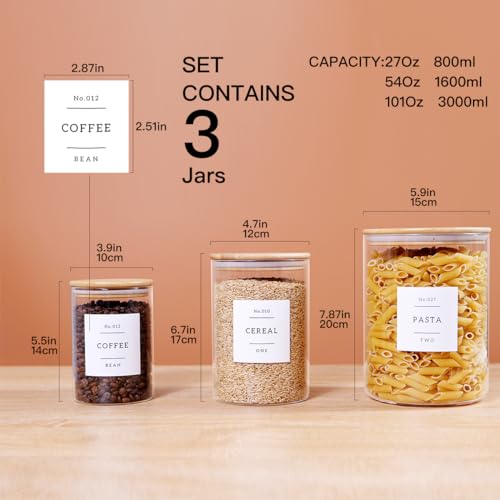 3 Pcs Glass Canisters with Airtight Bamboo Lids and 42 Kitchen Pantry Labels Preprinted (3 pack)