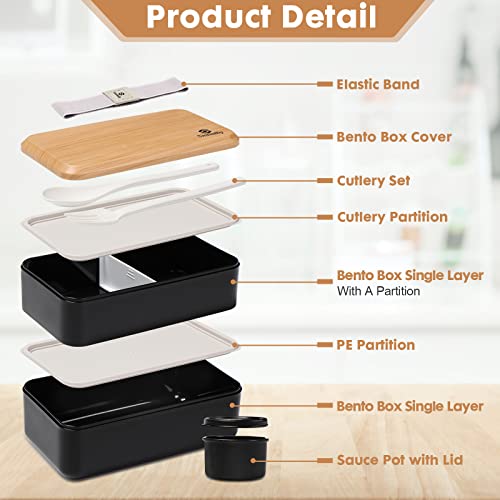 Bento Box Adult Lunch Box with Compartments for Women & Men (Black)