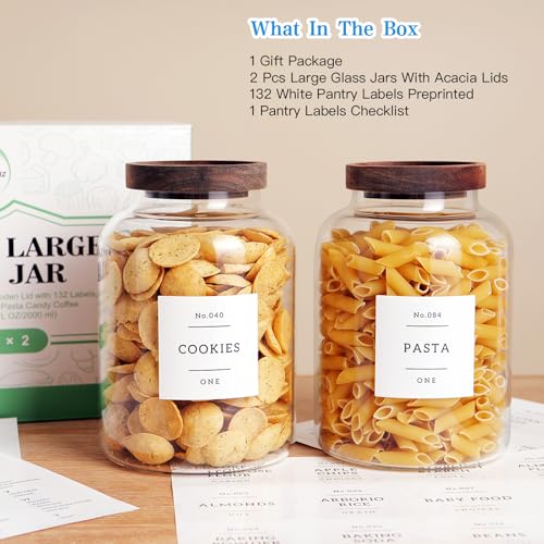 Set Of 2 Large Glass Jar with Wooden Lid with 132 Labels (2000ml)