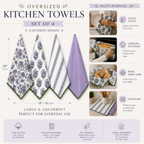 Printed Kitchen Dish Bar and Tea Towels Cotton (Set of 4 (18x28 Inches) / White & Purple)
