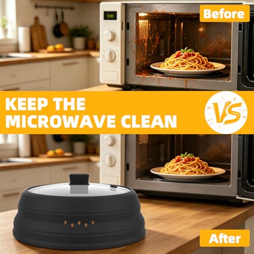 Microwave Splatter Cover Glass Cover Guard Lid with Collapsible Silicone for Food Pot Plate Cover 9.8 inch Black (BLACK / 9.8 inch)