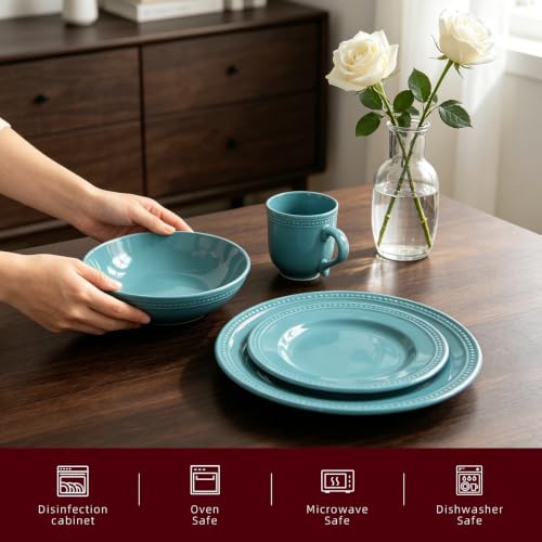 HomeVSS 16 PC Pearl Dots Stoneware Dinnerware Set (Turquoise)