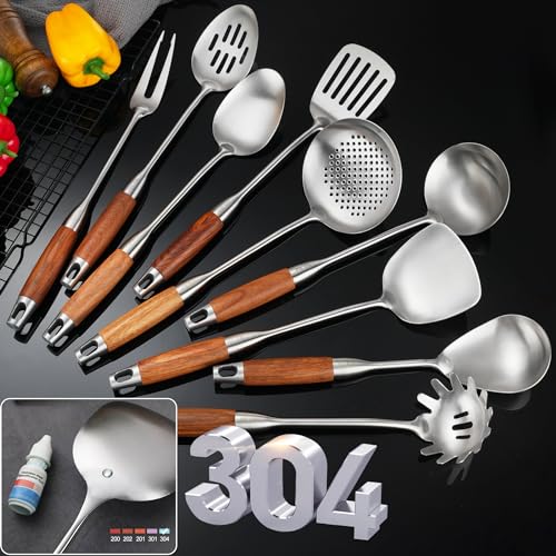 Stainless Steel Kitchen Utensils Set for Cooking Wooden Handle (Natural-9)