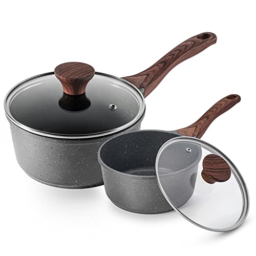 Nonstick Sauce Pan Set with Lid (Gray Granite / 1.5 + 2.0 Quarts)