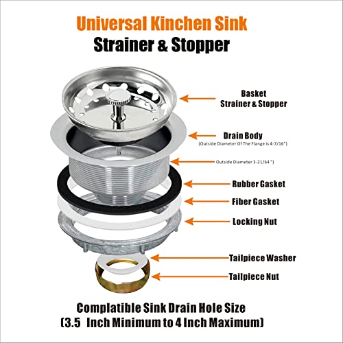2 Pack Kitchen Sink Basket Strainer and Stopper (Chrome Plated)