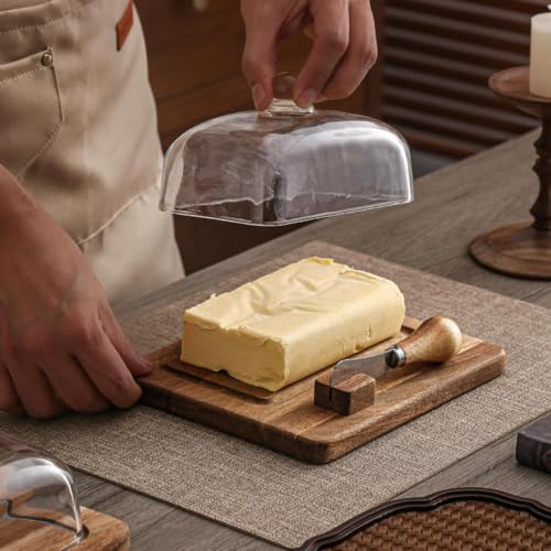 Glass & Acacia Wood Butter Dish with Airtight Glass Lid & Serving Knife (1 knife)