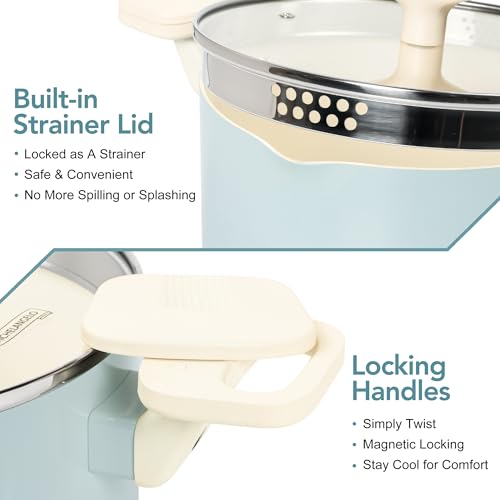 6 Qt Ceramic Nonstick Pasta Pot with Strainer Lid (Soft Aqua / 6 Quarts)