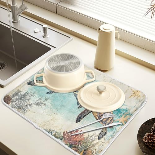 Vintage Ocean Sea Turtle04 Dish Drying Mat for Kitchen Counter Absorbent Microfiber Small Drying Pad Dish mats for Kitchen Countertops 16 x 18 Inch (Sea Turtle / 18" x 16")