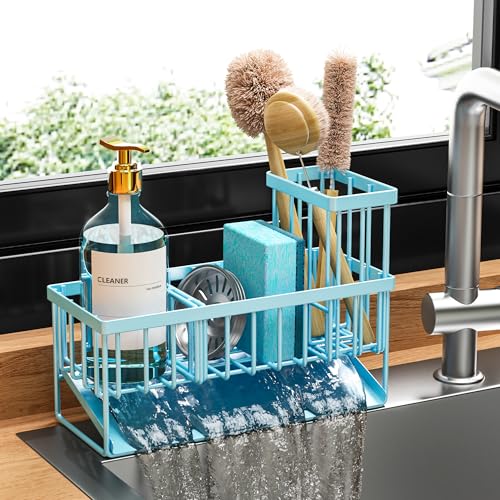 Blue Kitchen Sink Caddy Organzier with High Brush Holder (Blue / 9.25 inches)