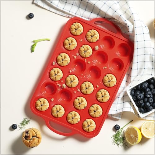2 Packs 24 Cups Silicone Muffin Pan with Metal Reinforced Frame Mini Size Cupcake Pan Tray Egg Bites Silicone Circle Cookie Molds Muffin Tin Tart Pans Baking Sheet Set for Breakfast Sandwiches (2pc: 24-Cup Mini / Red & Blue)