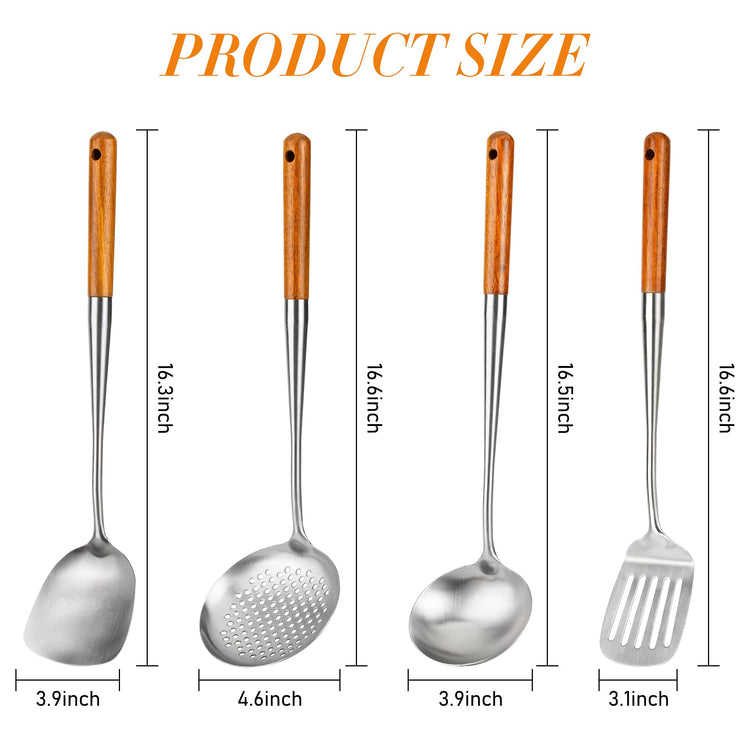 17inch Wok Spatula and Ladle (Walnut Handle - 4 Pieces Set)