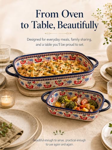 2-Piece Hand-Painted Polish Pottery Style Ceramic Baking Dish Set (Ruby Poppy)