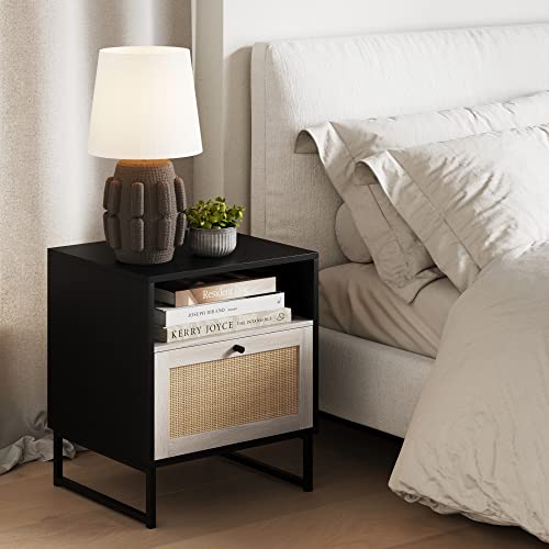 Mina Rattan Wood End Side Accent Table Nightstand with Storage for Living Room or Bedroom (Black Oak/Black / Set of 1)