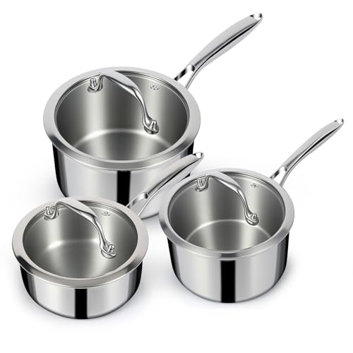 3 Ply Stainless Steel Sauce Pan Set with Lids (1 + 2 + 3 Quarts)