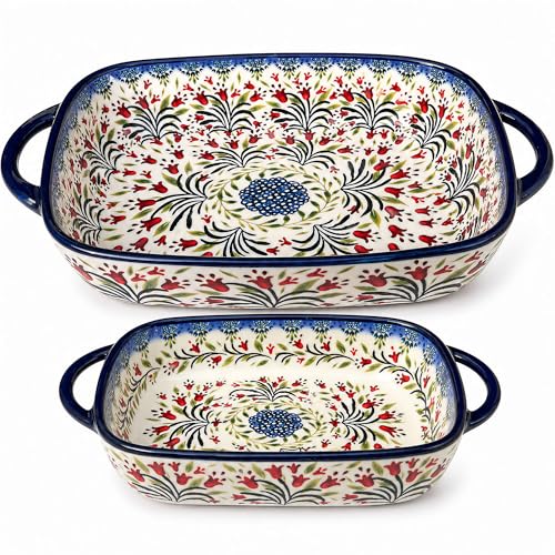 2-Piece Hand-Painted Polish Pottery Style Ceramic Baking Dish Set (Olive Garland)