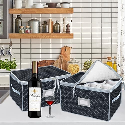 Wine Glass Storage Box with Dividers Holds 24 Stemware Storage Cases or China Crystal Glassware Containers with Handles and Lable Window (Gray / 2 Pack Wine Glass Storage (Gray))