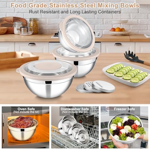 Mixing Bowls with Lids and Graters (Khaki / 4.6/2.6/1.5 QT)