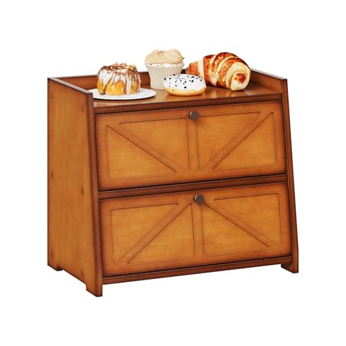 Vintage Double Layer Bread Box for Kitchen Counter Bamboo Bread Storage Container Large Capacity Bread Storage Bin (Antique Brown)