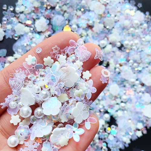 Sequins Holographic Polymer Clay Slices Nail Glitter 3D Holographic Snowflake Shell Butterfly Plum Blossom Nail Sequins Slices Polymer Clay Nail Decals for DIY Nail Decoration (51-White)