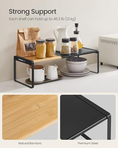Spice Rack Expandable Cupboard Shelf Orgnizer (Light Bamboo + Ink Black / 2 Pack)