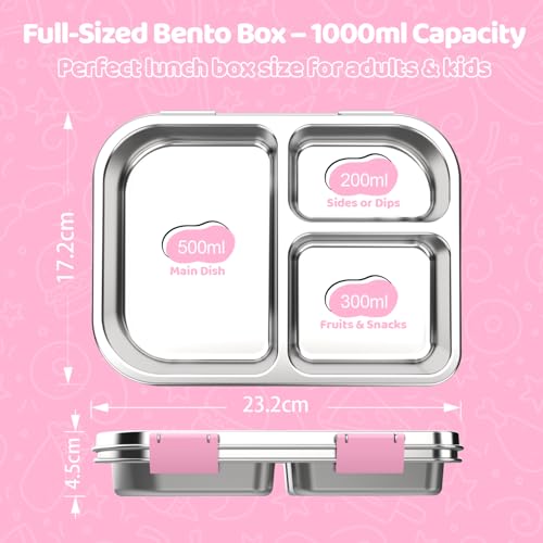 Stainless Steel Bento Box for Kids 1000ml (Pink)