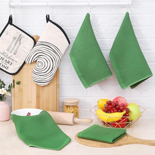 100% Cotton Waffle Weave Kitchen Dish Cloths 8 (Grass Green / 12 X 12 - 8 Pack)