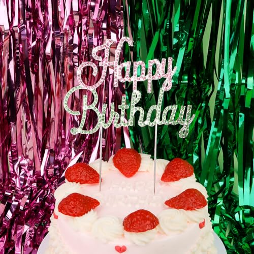 Happy Birthday Cake Topper Pink & Green Rhinestones Witch MovieThemed Cake Topper for Birthday Party Decorations (Happy Birthday- Pink Green)