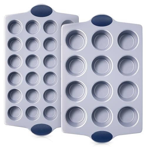 2 Pack 12 Cup and Mini 24 Cup Non Toxic Nonstick Ceramic Muffin Pan & Cupcake Tin (Blue / 12+24 Cup Muffin Pan (2 pack))