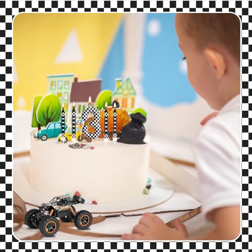 13 Pcs Racing Cars Themed Birthday Candles Black and White Race Number 3 Checkered Candle Cake Topper for Racing Car Party Decoration Supplies (Black+White / 3)