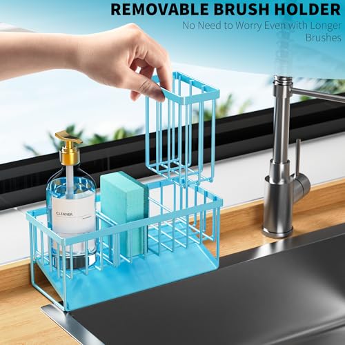 Blue Kitchen Sink Caddy Organzier with High Brush Holder (Blue / 9.25 inches)
