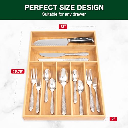 Utensil Organizer 13'' Silverware Drawer Organizer Cutlery Kitchen Bamboo (7 Slots / Natural)
