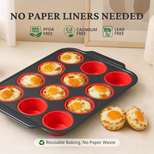 Silicone Muffin Pans for Baking with Metal Frame (Red / 12-Cup Standard)