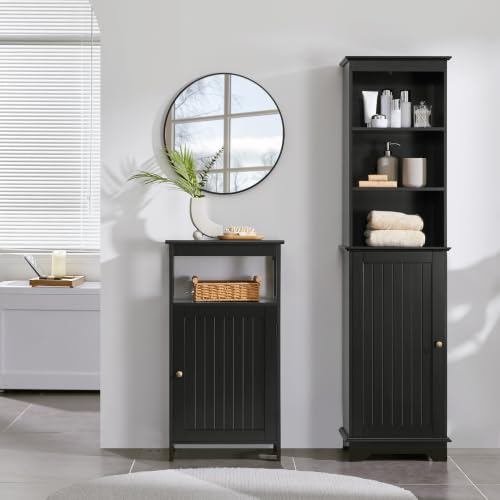 Small Bathroom Storage Cabinet with Door & Open Shelf (Black)