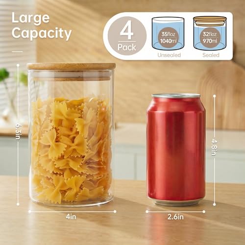 32 oz Round Glass Food Storage Containers with Airtight Bamboo Lids (32oz 4 Pack)