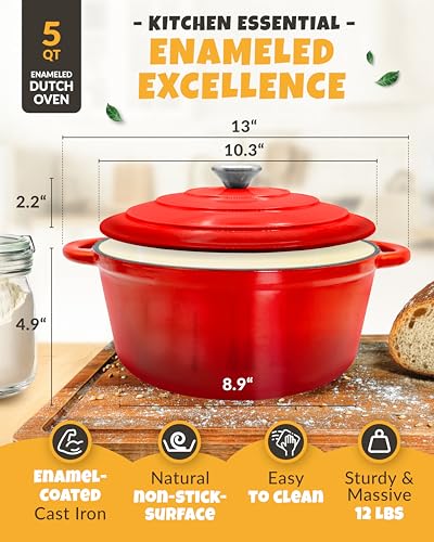 5 QT Enameled Dutch Oven for Bread Baking with Lid & Baking Set (Red / 5QT Round)