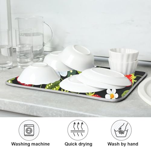 Strawberries White Flowers Dish Drying Mat for Kitchen Counter Absorbent Microfiber Drying Pad (DM10 / 16" x 18")