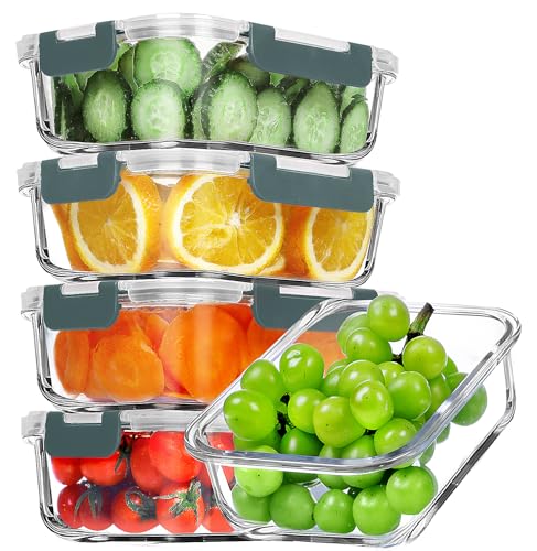 5 PACK 36 OZ Glass Meal Prep Containers Set with Lids (Grey)