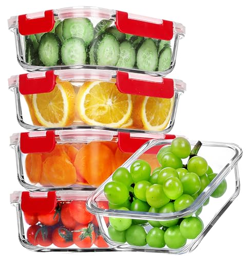 5 PACK 36 OZ Glass Meal Prep Containers Set with Lids (Red)