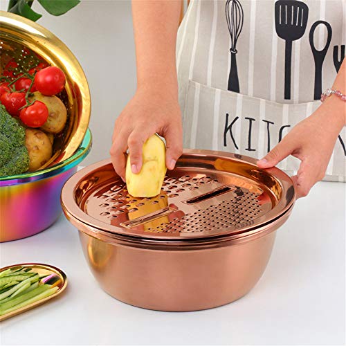 3-In-1 Multifunctional Grater Basin Colander Strainer Set, Mingcheng Stainless Steel Kitchen Grater/Drain Basket/Bottom Basin for Washing Rice, Fruits, Vegetable, Grater with Container (Rose Gold) (Rose Gold)