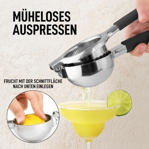 Zulay Lemon Squeezer Stainless Steel with Premium Heavy Duty Solid Metal Squeezer Bowl (Black Grip / Large)