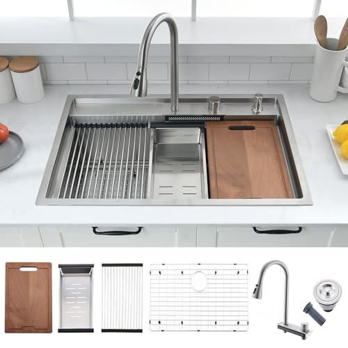 30 inch Drop in Kitchen Sink with Faucet Combo (30"L x 22"W x 10"D / Stainless Steel(Waterfall))